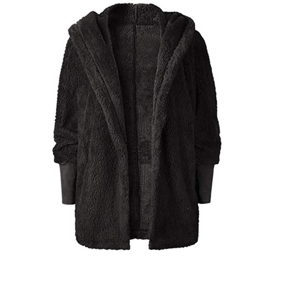 Black fleece open front cardigan with hood - Picture 4 of 5